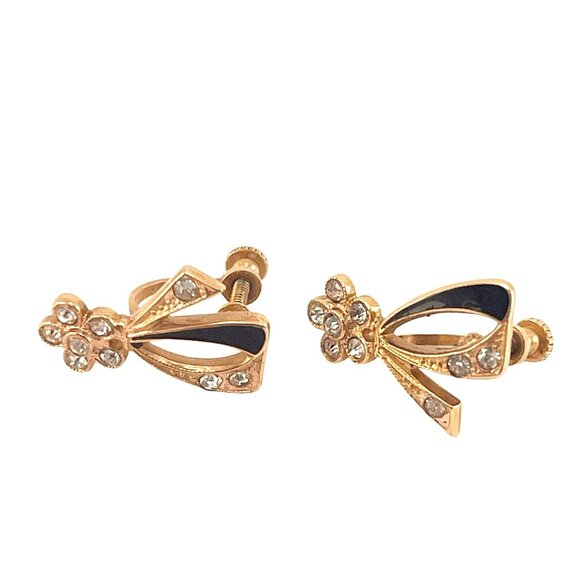 Unbranded Jewelry - Petite Screw Back Earrings Circa 1950 Black Enamel Gold Tone Metal